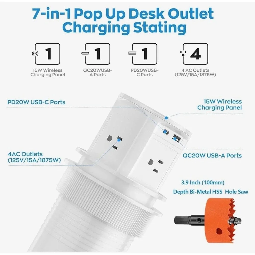 20A 125V Pop Up Desk Countertop Outlet 15W Wireless Charger USB Ports White